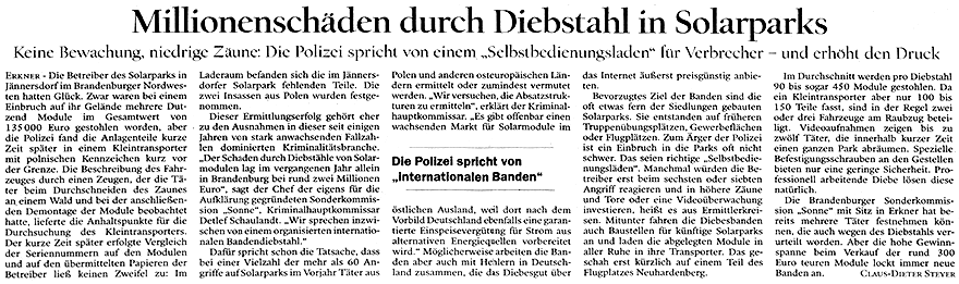 Zeitungsartikel 'Millionenschäden durch Diebstahl in Solarparks - Keine Bewachung, niedrige Zäune: Die Polizei spricht von einem „Selbstbedienungsladen“ für Verbrecher – und erhöht den Druck. '